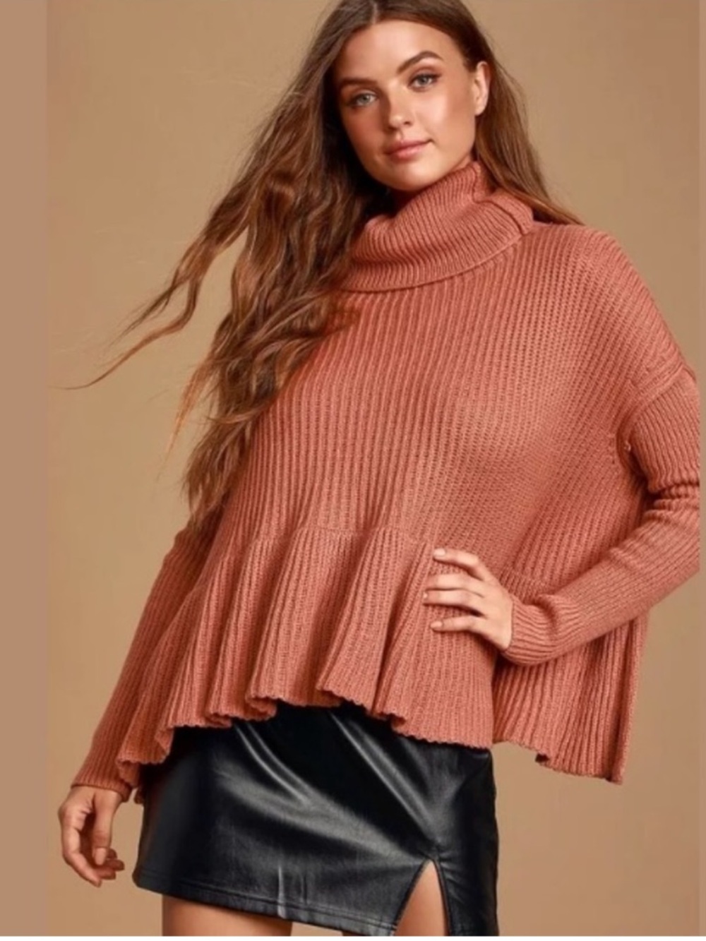 Free People Layer Cake Oversized Peplum Turtleneck Sweater Pink Cotton Small